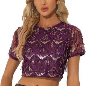 Allegra K Women's Metallic Pattern Short Sleeves Party Crop T-Shirt Size M